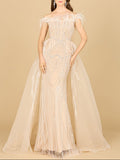 Off Shoulder Gown with Feathers
