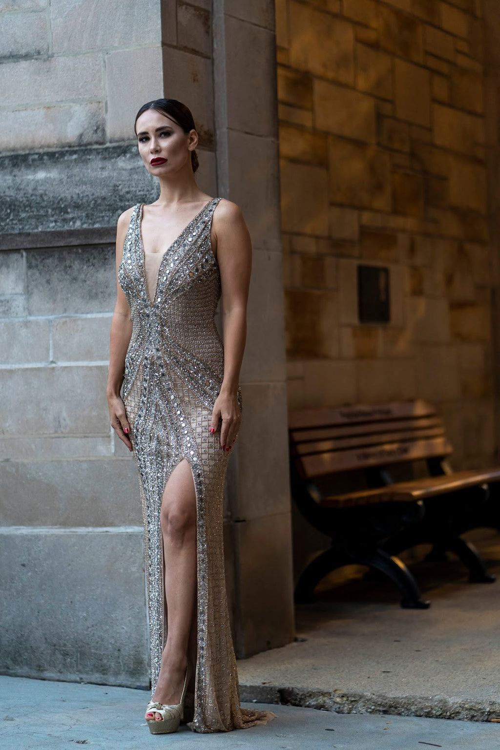 Lara 29499 - Embellished Long Dress with Thigh High Slit